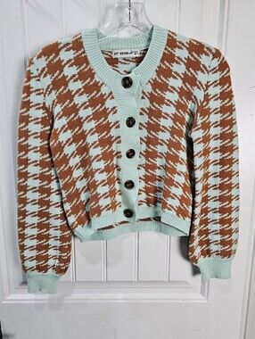 Houndstooth Cropped Crew-Neck Ribbed Knit Cardigan In Toffee Mint Blue Sz Small